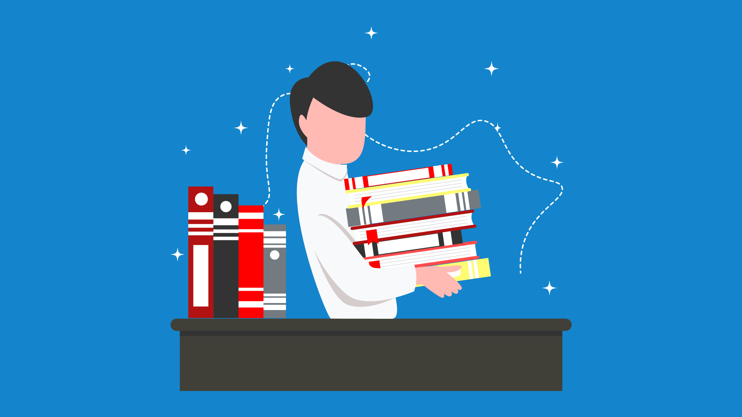 A person stands behind a desk holding a large stack of books, with more books on one side of the desk. (Copyright: nevesgraphic © 123RF.com)
